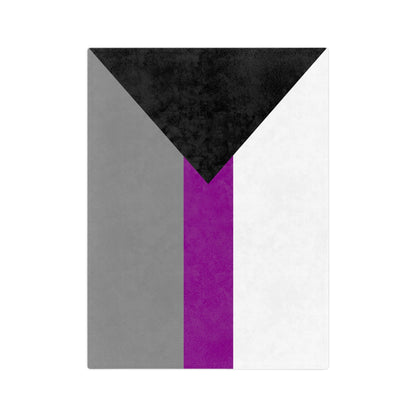 The Minky Blanket Demisexual Pride Flag by Printify, made from velveteen microfiber, showcases a design with five vertical stripes in black, gray, white, and purple from left to right with a top black chevron. Enjoy cozy winter decor while celebrating agender pride in this super-soft fleece blanket.