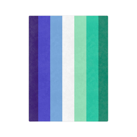 The Printify Minky Blanket Gay Men MLM Pride Flag, crafted in velveteen microfiber, showcases vertical stripes with a gradient from dark blue to dark green, accented by lighter blues, purples, and a central white stripe, perfect for cozy winter decor or celebrating Pride.