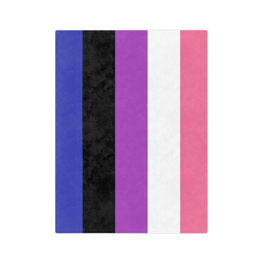 The Minky Blanket Genderfluid Pride Flag by Printify features a cozy velveteen microfiber design with five vertical stripes: blue, black, purple, white, and pink, reminiscent of the Genderfluid pride flag and perfect for bringing a warm winter decor vibe.