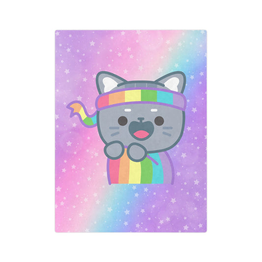 The Printify Minky Blanket features a kawaii kitten wrapped in a rainbow pride flag, with a cute cartoon cat wearing a rainbow scarf and headband against a pastel rainbow and starry backdrop. The smiling cat poses playfully, captured on this velveteen microfiber blanket.