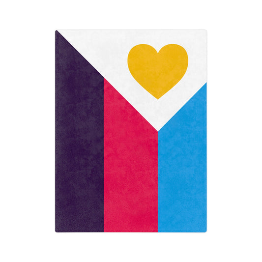 The Printify Minky Blanket Polyamory Pride Flag features three vertical stripes in black, red, and blue. A white inverted triangle with a yellow heart is at the top. Made from velveteen microfiber, this super-soft fleece offers warmth and comfort.