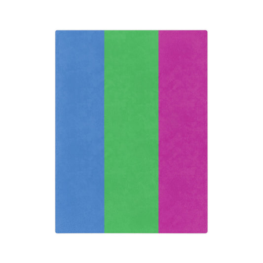 The Minky Blanket Polysexual Pride Flag by Printify features a rectangular abstract design with vertical blue, green, and purple bands against a plain white background, crafted from velveteen microfiber.