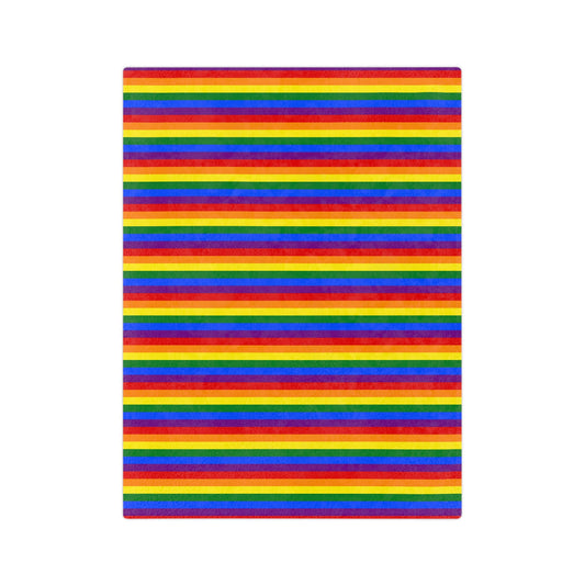 The Minky Blanket Rainbow Pride Flag by Printify is a velveteen microfiber blanket featuring vibrant horizontal rainbow stripes (red, orange, yellow, green, blue, purple) on a white background. It's the perfect holiday gift or cozy winter decor to brighten any room.