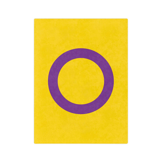 The Minky Intersex Pride Flag Velveteen Microfiber Blanket by Printify features a yellow background with a centered purple circle, evoking the intersex pride flag.