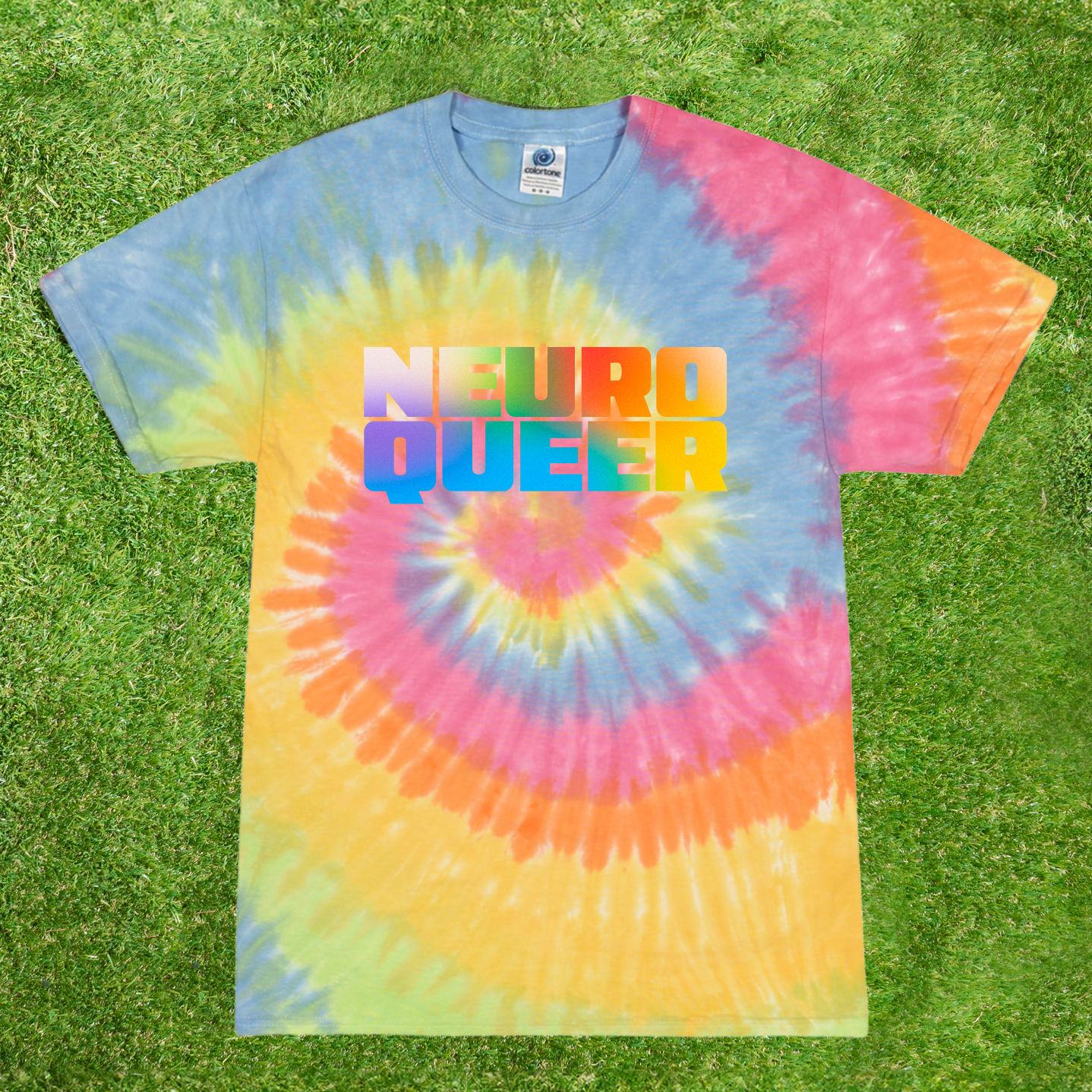 100% cotton Colortone 1000 Tie-dyed rainbow t-shirt with 'NEURO QUEER' text 
