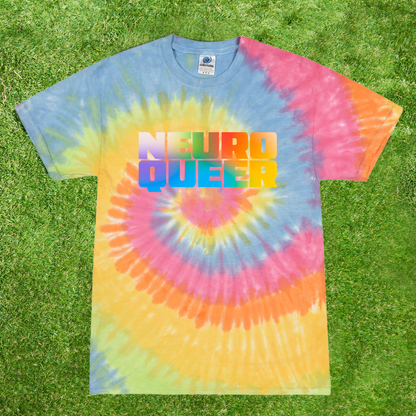 100% cotton Colortone 1000 Tie-dyed rainbow t-shirt with 'NEURO QUEER' text 