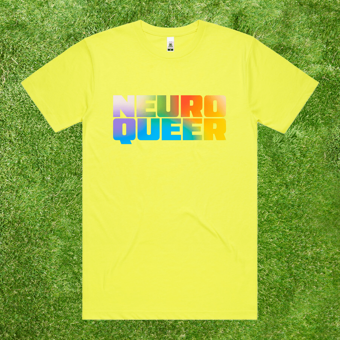 Neuroqueer neuro divergent LGBT pride tee with rainbow gradient text printed on AS Colour Block 100% fluro yellow high-vis cotton tee