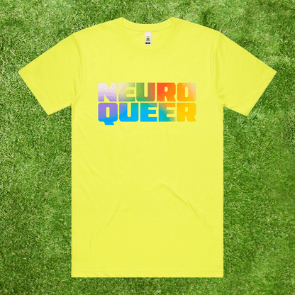 Neuroqueer neuro divergent LGBT pride tee with rainbow gradient text printed on AS Colour Block 100% fluro yellow high-vis cotton tee