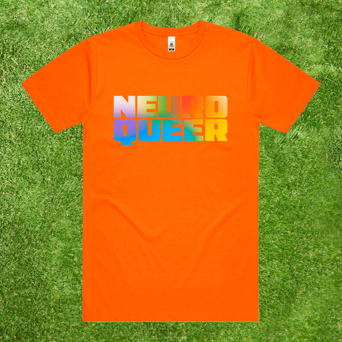 Neuroqueer neuro divergent LGBT pride tee with rainbow gradient text printed on AS Colour Block 100% fluro orange high-vis cotton tee