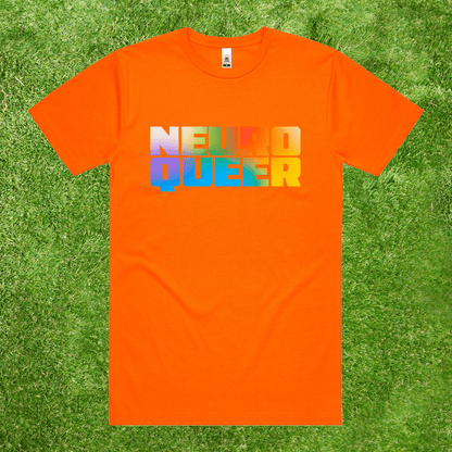 Neuroqueer neuro divergent LGBT pride tee with rainbow gradient text printed on AS Colour Block 100% fluro orange high-vis cotton tee