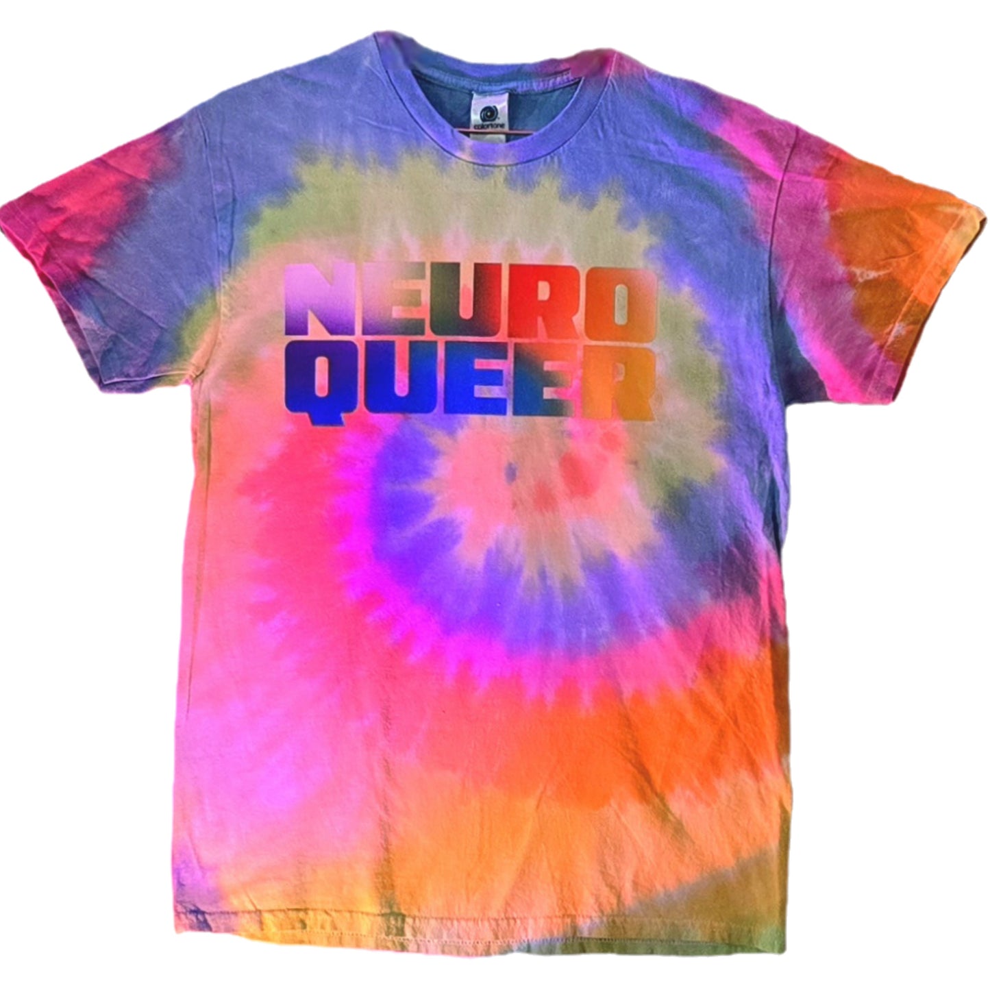 NEURO QUEER fluro and rainbow tie-dye - Local hand printed t-shirt
