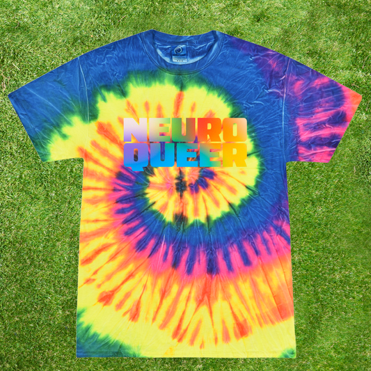 100% cotton Colortone 1000 Tie-dyed neon rainbow t-shirt with 'NEURO QUEER' 