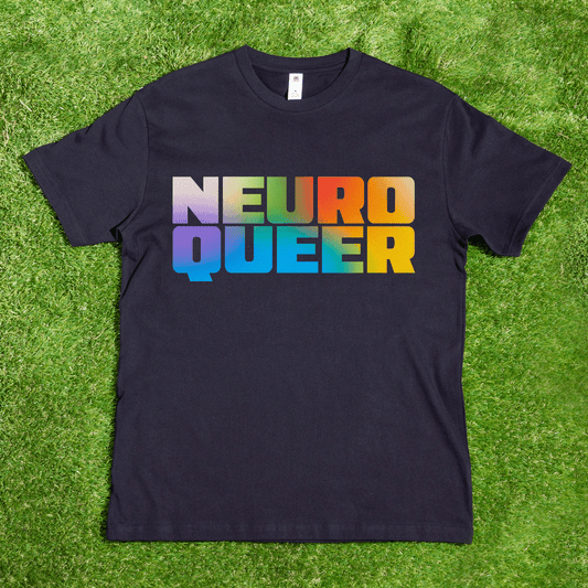Neuroqueer neuro divergent LGBT pride tee with rainbow gradient text printed on AS Colour Block 100% cotton tee