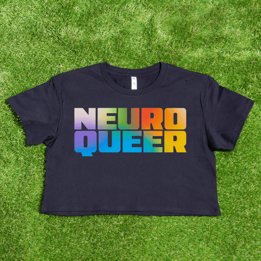 Black AS Colour WO Crop  t-shirt with 'NEURO QUEER' in rainbow gradient lettering