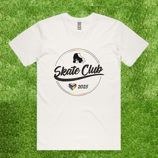 Introducing the new SKATE CLUB 2025 tee by Gay Skate, a local queer and trans-owned brand. This white t-shirt features a vibrant "Skate Club 2025" logo set against a grassy backdrop, proudly highlighting a skateboarding figure and heart in colors inspired by the progress pride flag to celebrate diversity.