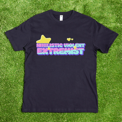 The Nihilistic Violent Extremist - Local hand printed satire t-shirt features colorful text, a yellow star, and hearts on a black AS Colour tee. Proudly trans and queer owned.