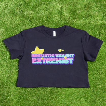 The Nihilistic Violent Extremist locally printed satire crop tee is a black cropped shirt with pastel text, a large yellow star, and two small yellow hearts—hand-printed by a trans and queer owned brand.