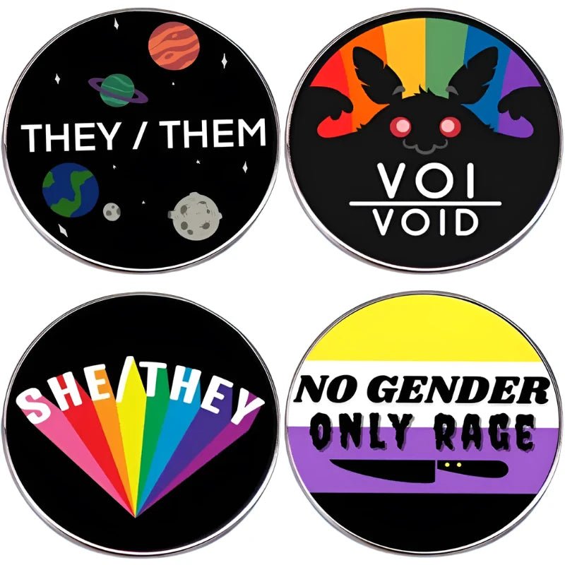 Check out these four circular badges from Gay Skate's "No Gender Only Rage - Creative Colourful Pronoun Badges" collection: 1) A "They/Them" sticker with a planets and space theme. 2) A "Voi/Void" design featuring a rainbow cryptid against a colorful backdrop. 3) A "She/They" sticker showcasing the non-binary pride flag intertwined with rainbow stripes. 4) A bold "No Gender Only Rage" sticker displaying a knife silhouette on a yellow background.