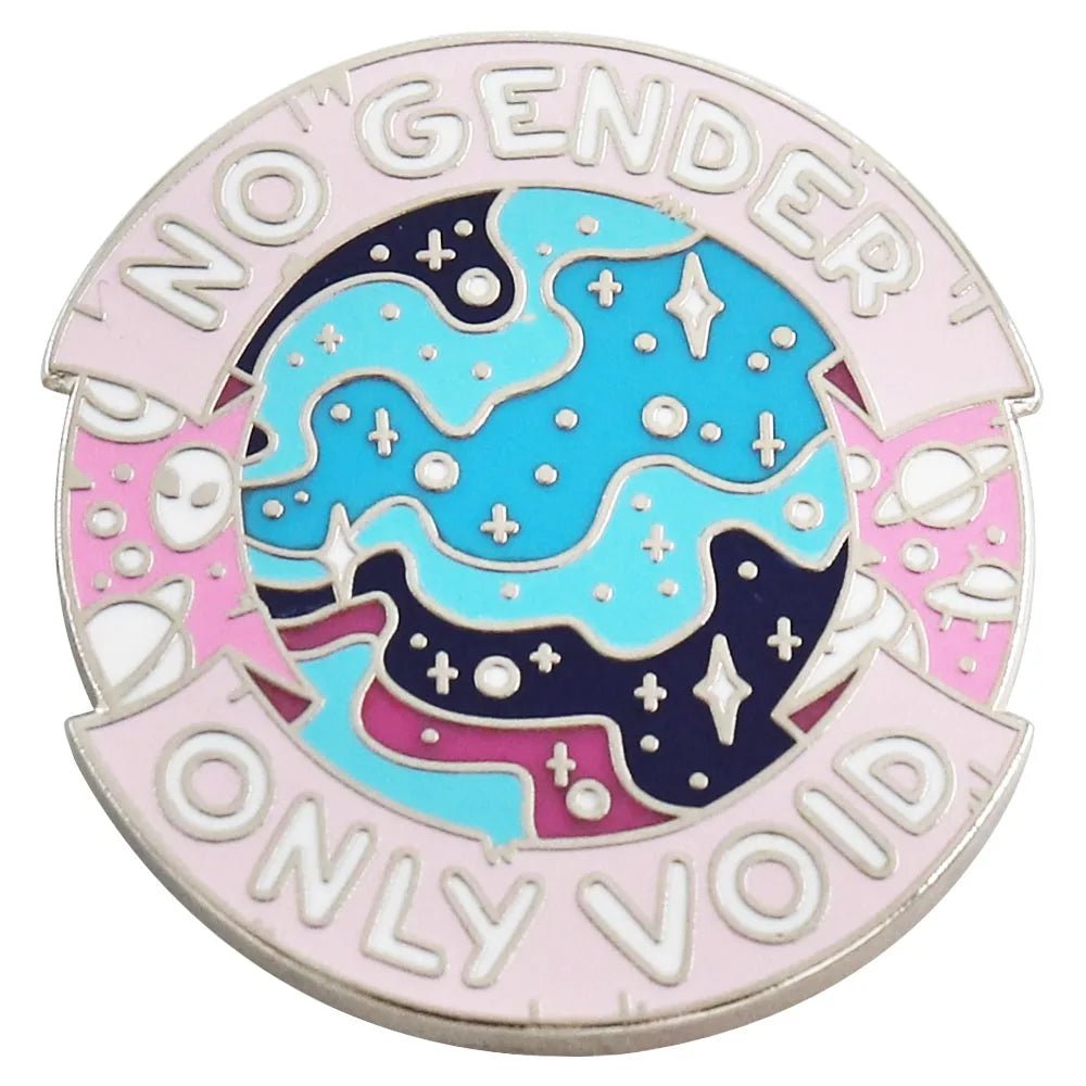 Circular galaxy trans pride badge with 'No Gender Only Void' text - silver, pink and blue