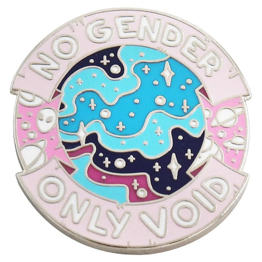 Circular galaxy trans pride badge with 'No Gender Only Void' text - silver, pink and blue