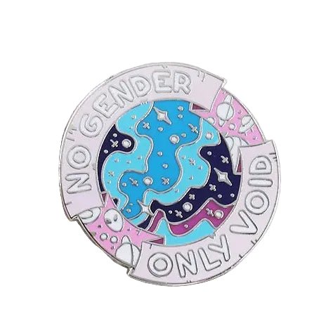 Circular galaxy trans pride badge with 'No Gender Only Void' text - silver, pink and blue