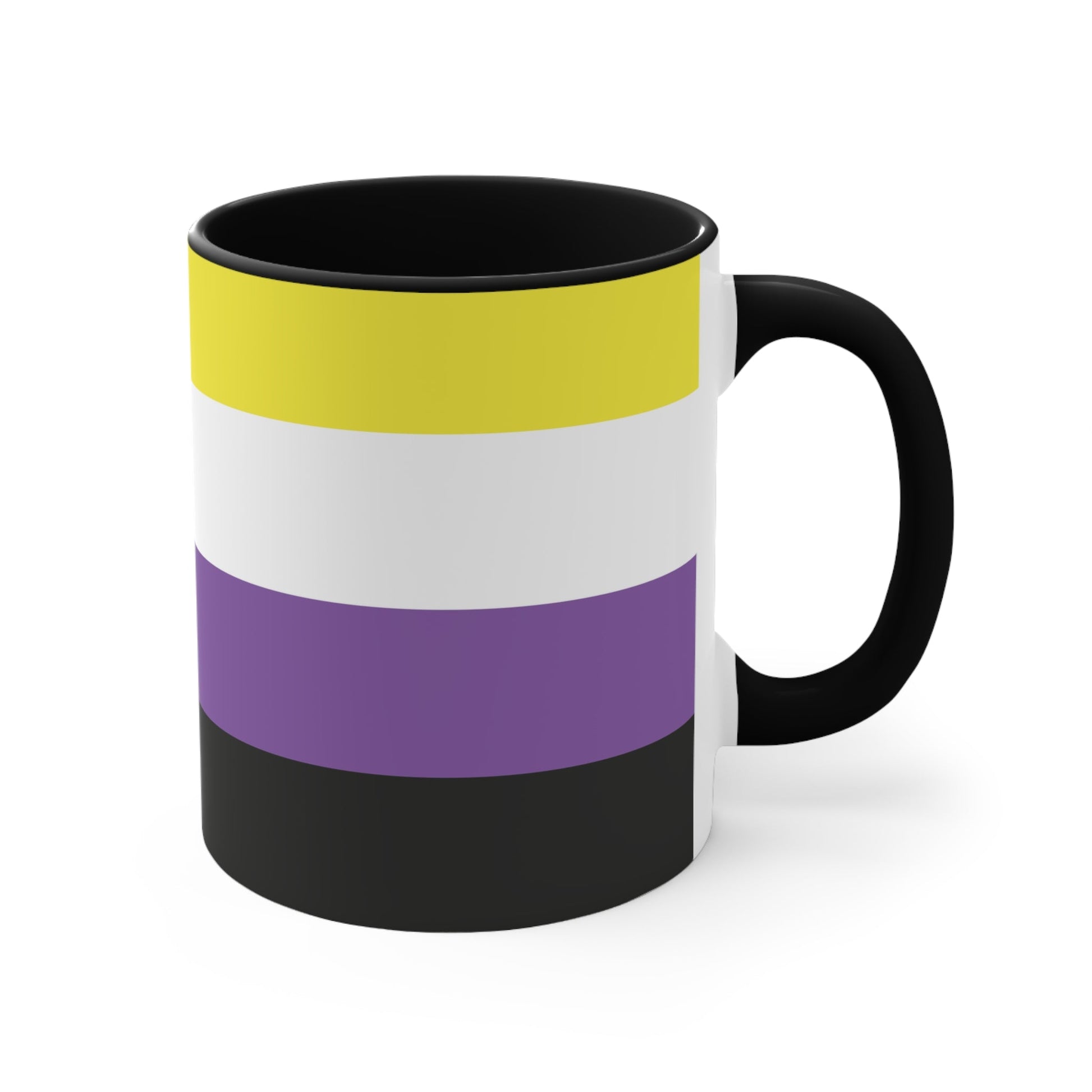 The Non-binary Pride Flag colourful accent mug by Printify features a ceramic design with a black handle and interior, adorned with vibrant horizontal stripes in yellow, white, purple, and black for an eye-catching color contrast.