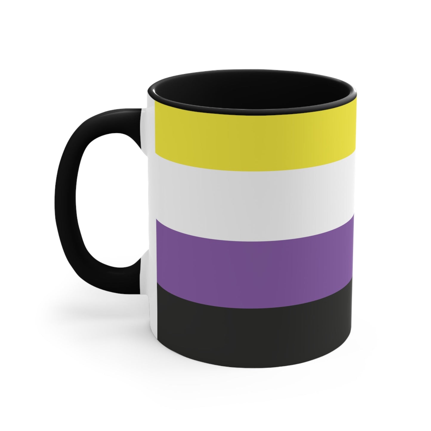 The Non-binary Pride Flag colourful accent mug by Printify features a ceramic design with a black handle and interior, adorned with vibrant horizontal stripes in yellow, white, purple, and black for an eye-catching color contrast.