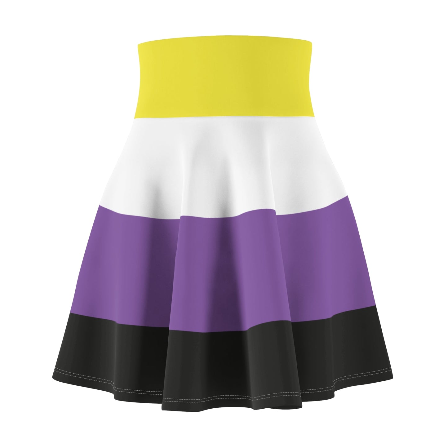 The Non-Binary Pride Flag Skater Skirt by Printify features a flared design with horizontal stripes in yellow, white, purple, and black from top to bottom. Created by a trans and queer-owned business, it celebrates identity.