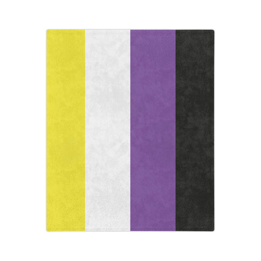 Introducing the Non-Binary Pride Flag Velveteen Microfiber Blanket by Printify: a cozy blanket that features four vertical stripes in yellow, white, purple, and black. Crafted from super-soft fleece, this vibrant piece celebrates identity and warmth while supporting a trans and queer-owned business. Available in multiple sizes to meet your needs.