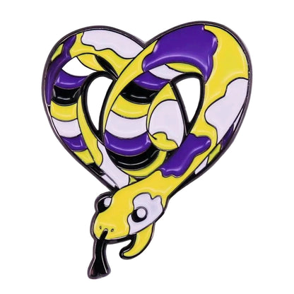 A stylized yellow, white, and purple snake coiled in a heart shape, with its tongue out and mouth open. Non-Binary Pride Snake enamel pin.