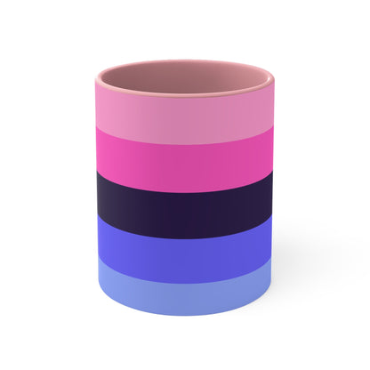 The Omnisexual Pride Flag - love hearts - colourful accent mug from Printify boasts an eye-catching design with a blue handle and inner surface, adorned with horizontal stripes in various shades of pink, purple, and blue.