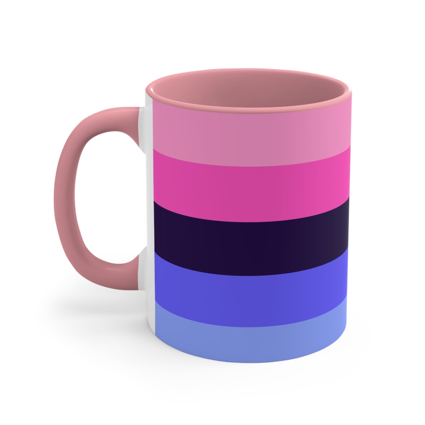 The Omnisexual Pride Flag - love hearts - colourful accent mug from Printify boasts an eye-catching design with a blue handle and inner surface, adorned with horizontal stripes in various shades of pink, purple, and blue.