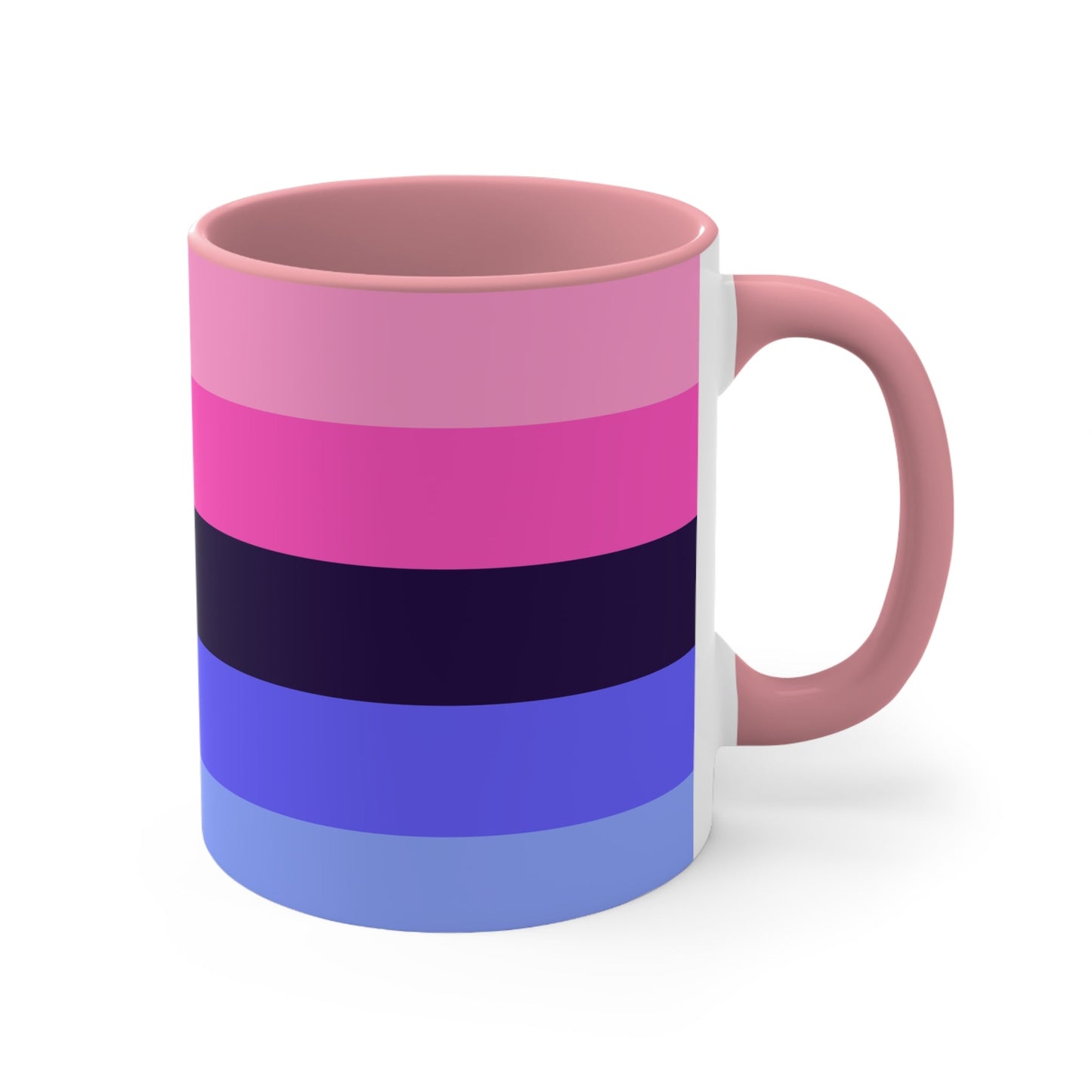 The Omnisexual Pride Flag - love hearts - colourful accent mug from Printify boasts an eye-catching design with a blue handle and inner surface, adorned with horizontal stripes in various shades of pink, purple, and blue.