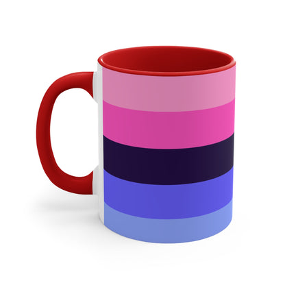 The Omnisexual Pride Flag - love hearts - colourful accent mug from Printify boasts an eye-catching design with a blue handle and inner surface, adorned with horizontal stripes in various shades of pink, purple, and blue.