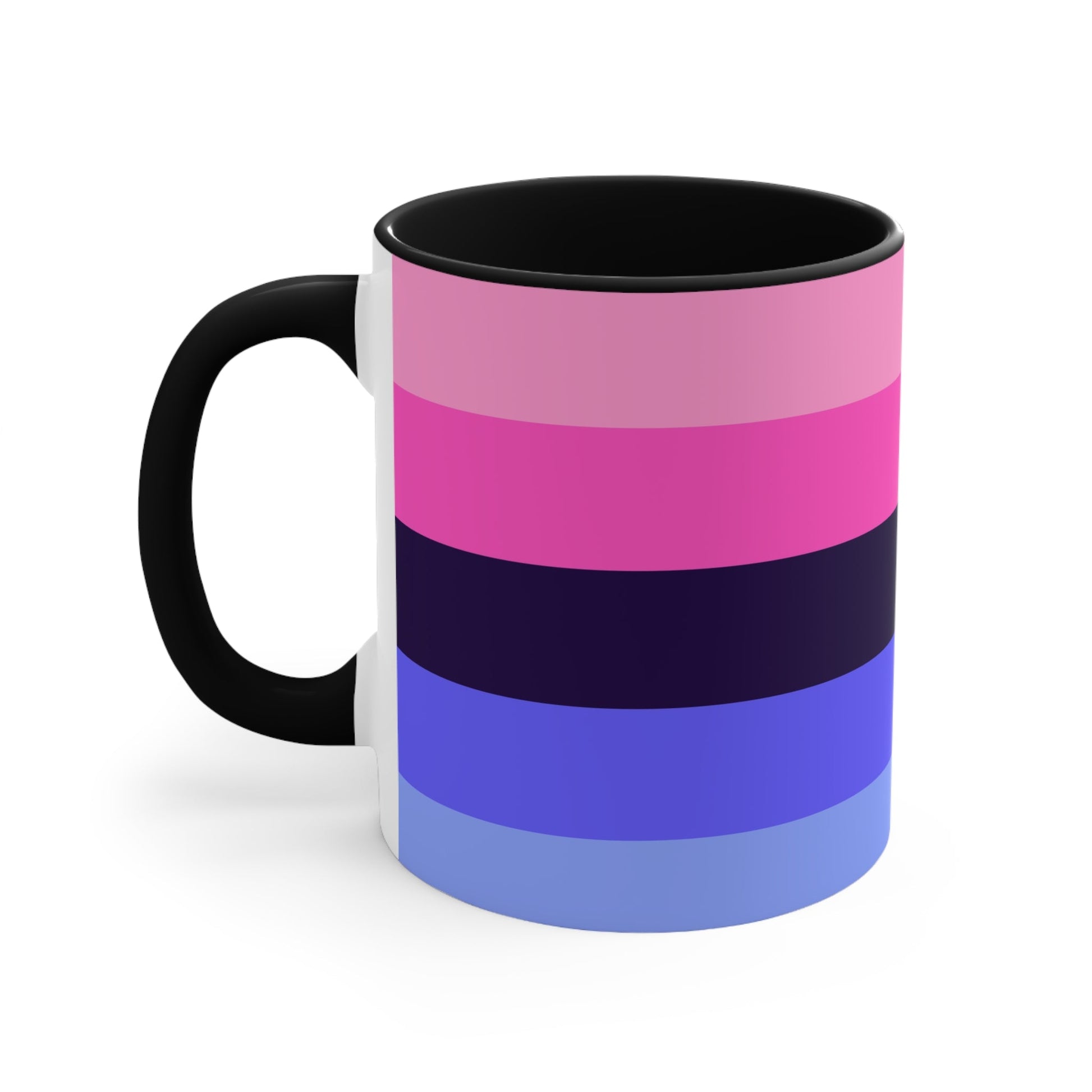 The Omnisexual Pride Flag - love hearts - colourful accent mug from Printify boasts an eye-catching design with a blue handle and inner surface, adorned with horizontal stripes in various shades of pink, purple, and blue.