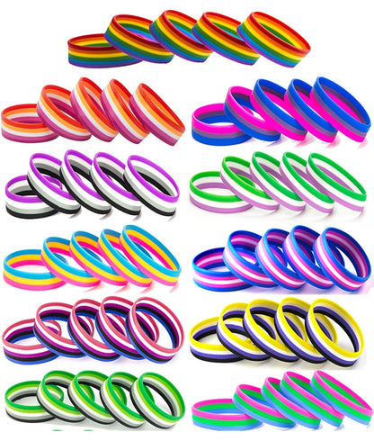 Pack of 10 Pride Flag Silicone Wrist Bands - Rainbow, Trans, Bi, Lesbian, Non-Binary +++