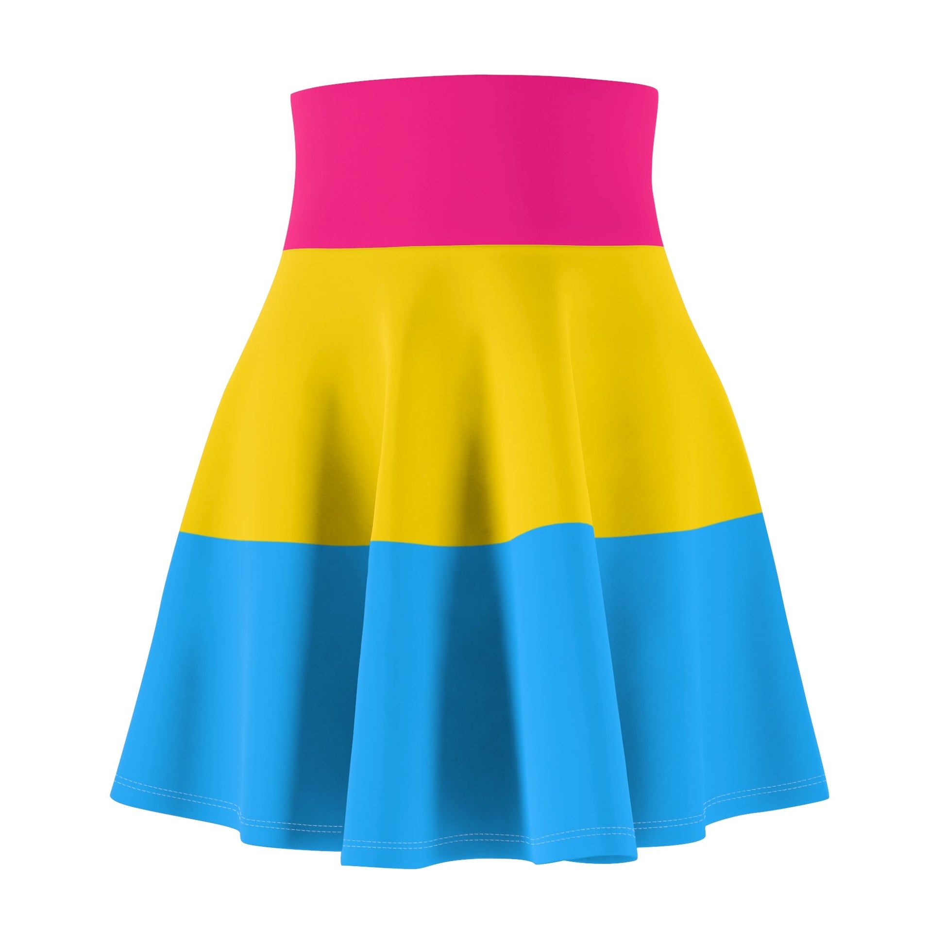 The Pansexual Pride Flag Skater Skirt by Printify showcases a lively color-block design inspired by the pansexual pride flag, featuring a vivid pink waistband, a broad yellow band at the center, and a striking blue bottom section. Its flared, flowing style is ideal for expressing individuality while supporting queer-owned businesses.