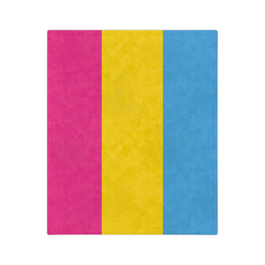 Introducing the Pansexual Pride Flag - Velveteen Microfiber Blanket by Printify, a rectangular blanket featuring three vertical stripes: pink on the left, yellow in the center, and blue on the right. This super-soft fleece creation is brought to you by a trans and queer-owned company.