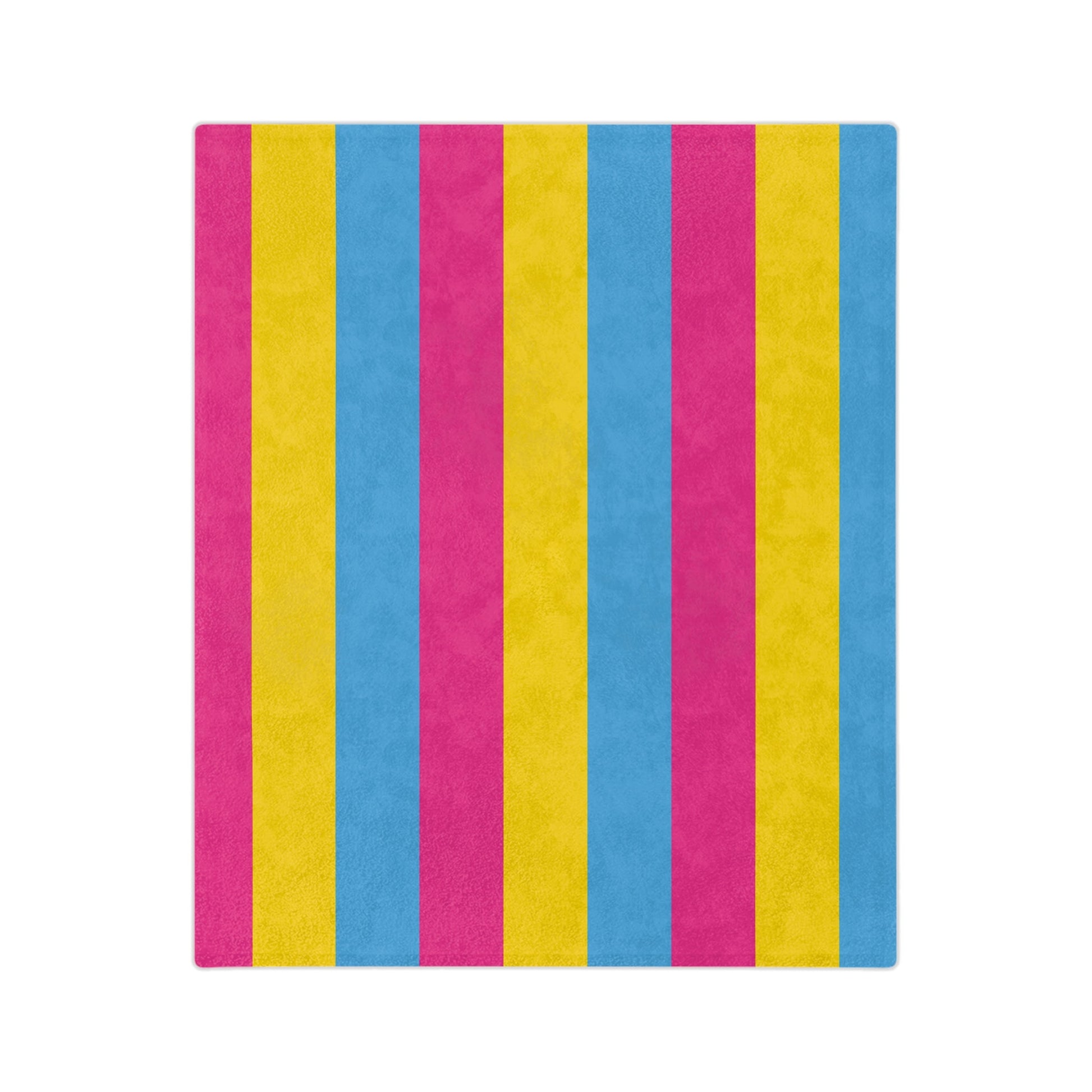 A rectangular image displays vertical stripes in vibrant colors of blue, pink, and yellow, repeating in sequence. The texture seems soft and inviting, much like the Pansexual Pride Flag Velveteen Microfiber Blanket from the queer-owned brand Printify.