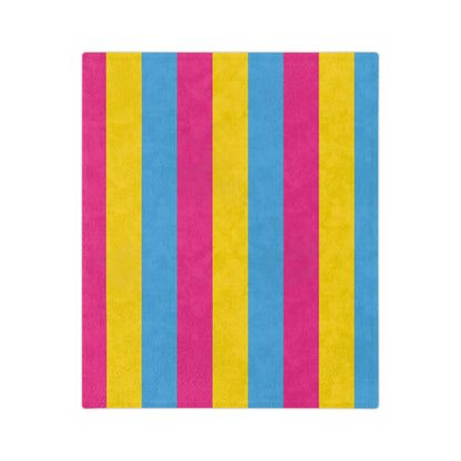 A rectangular image displays vertical stripes in vibrant colors of blue, pink, and yellow, repeating in sequence. The texture seems soft and inviting, much like the Pansexual Pride Flag Velveteen Microfiber Blanket from the queer-owned brand Printify.