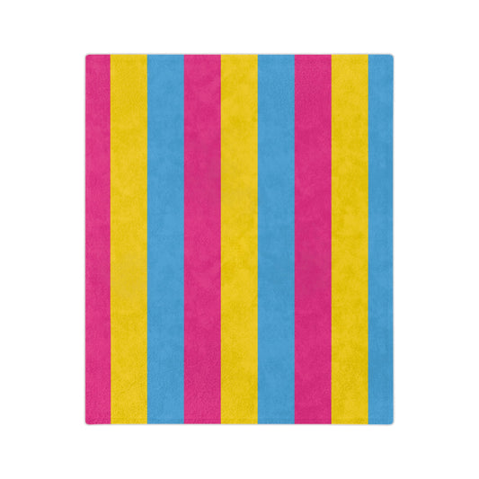 A rectangular image displays vertical stripes in vibrant colors of blue, pink, and yellow, repeating in sequence. The texture seems soft and inviting, much like the Pansexual Pride Flag Velveteen Microfiber Blanket from the queer-owned brand Printify.