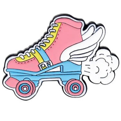 This vibrant illustration of the Pansexual Pride Roller Skate with Wings enamel badge features a pink and yellow rollerskate with blue wheels, wings, and trailing white clouds, capturing speed and movement—ideal for skating enthusiasts.