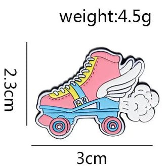 Rollerderby badge. Rollerskate pin. Pink yellow and blue skate accessory