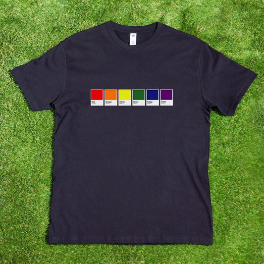 A black "Pantone Pride Flag" T-shirt from My Store rests on green grass, featuring a horizontal row of six color swatches: red, orange, yellow, green, blue, and purple. Each swatch is labeled underneath to honor the spirit of Rainbow Pride.