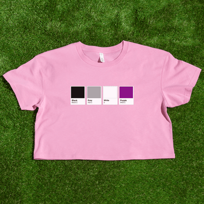 A pink cropped tee rests on green grass, displaying Pantone-inspired pride flag swatches—Rainbow, Trans, Non-binary, Lesbian, Pan, Bi, Ace, and Aro—from a queer-owned business. Locally printed for style and inclusivity.