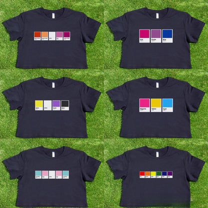 Pantone pride flag palettes printed t-shirt. Rainbow, Trans, Non-binary, Lesbian, Pan, Bi, Ace, and Aro pride