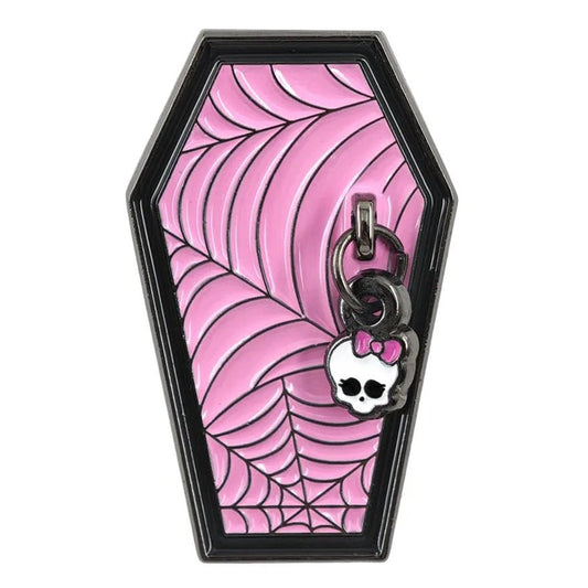 Monster High Pink Coffin with Skull Charm enamel pin in a coffin shape featuring a pink spiderweb design with a dangling skull charm wearing a pink bow.
