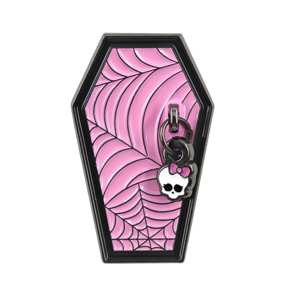 Pastel goth emo skull and coffin pink enamel pin