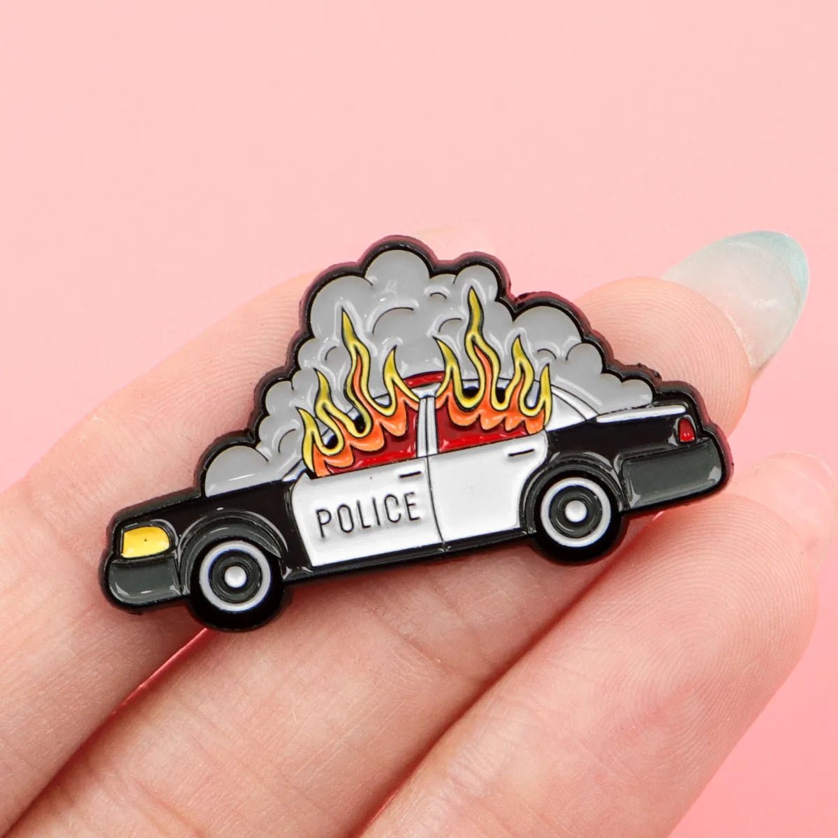 Pin of a police car with flames and smoke on fire ACAB FTP 1312