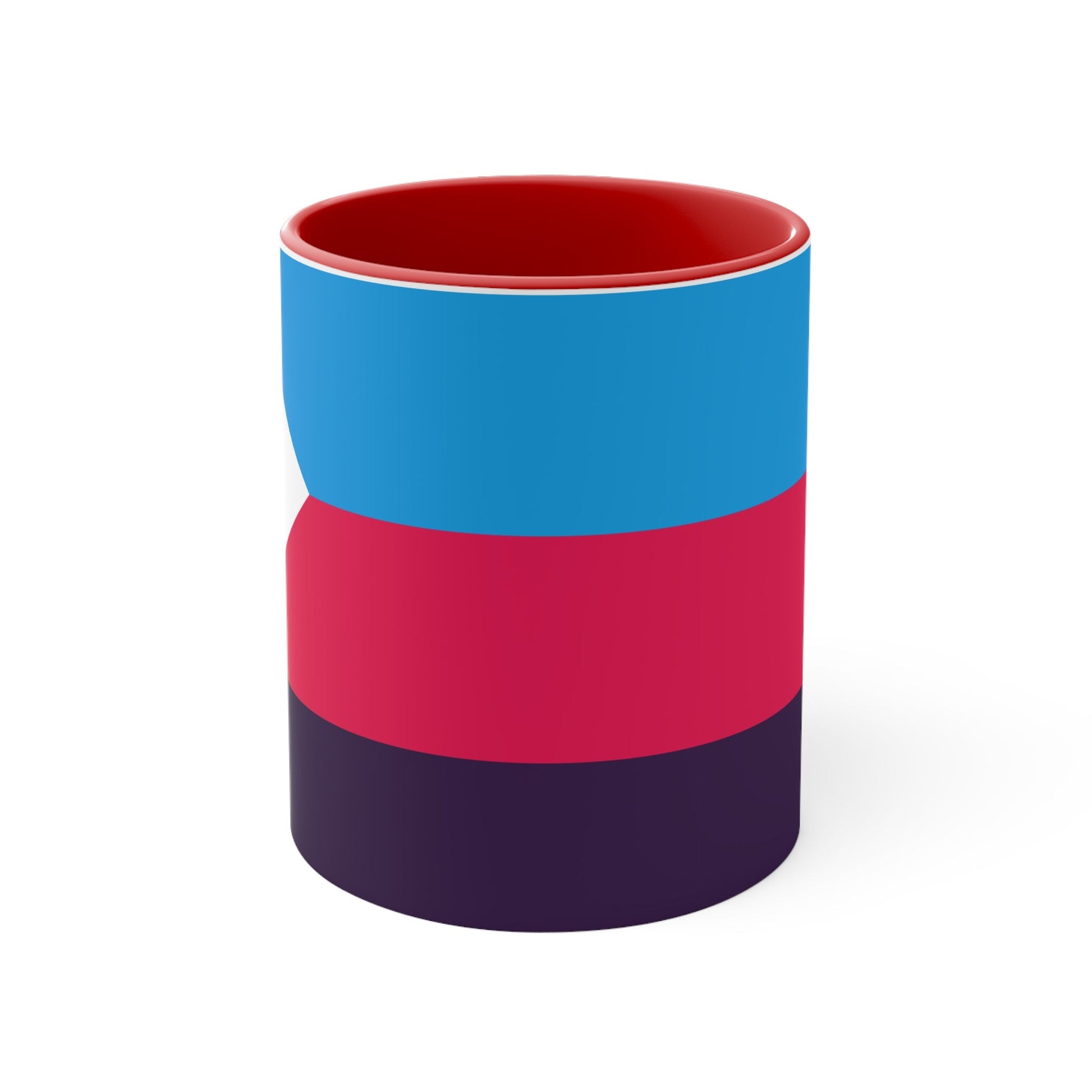 The Polyamory Pride Flag cup - colorful accent mug by Printify features a white coffee mug with a red handle and a vibrant interior. The exterior design showcases a colorful heart on a white background, accompanied by distinctive elements including a blue triangle, pink stripe, and purple stripe.